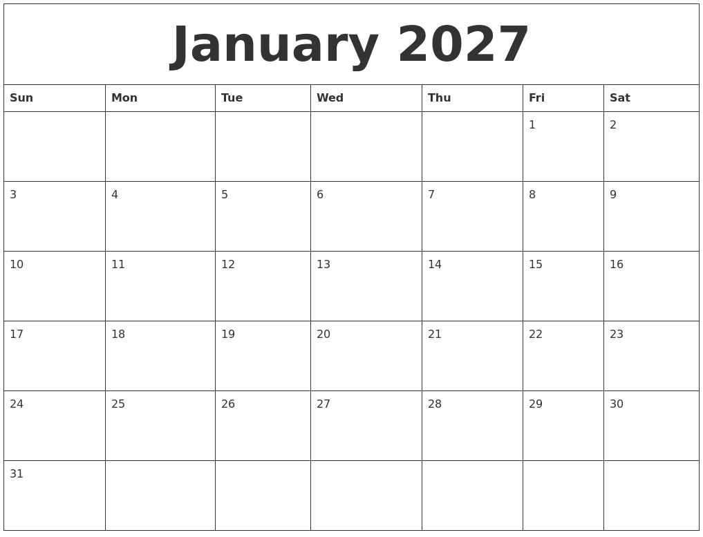 January 2027 Free Monthly Calendar Template