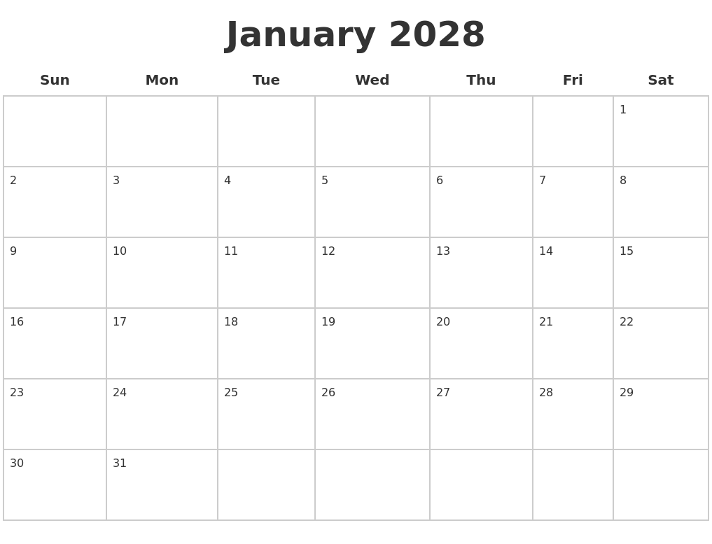 January 2028 Blank Calendar Pages