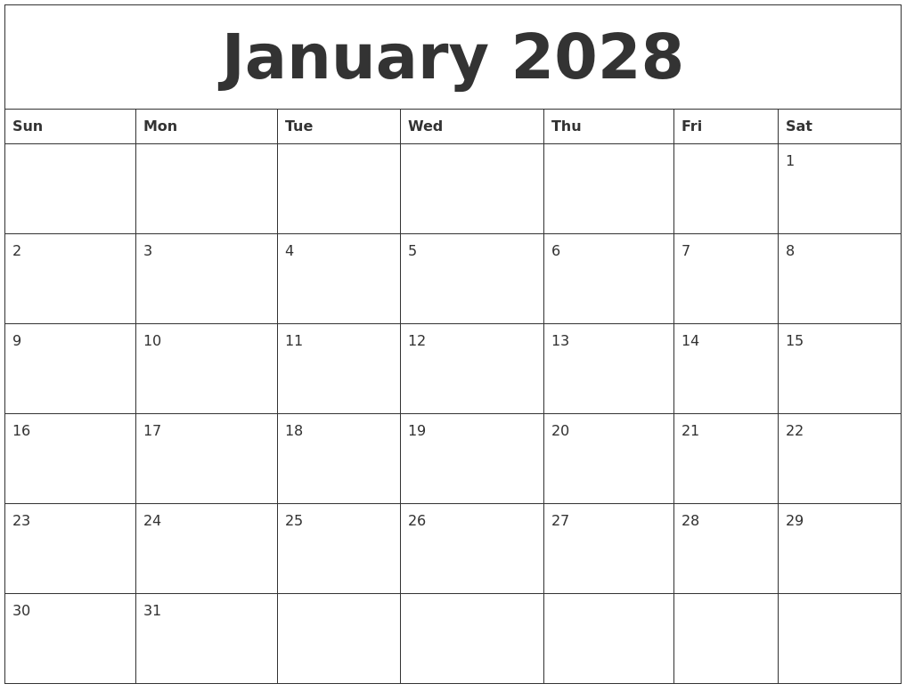 January 2028 Blank Calendar To Print