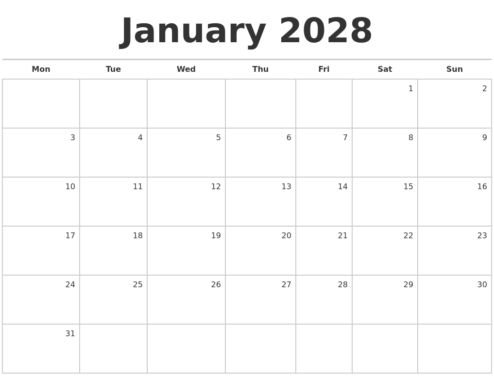 January 2028 Blank Monthly Calendar