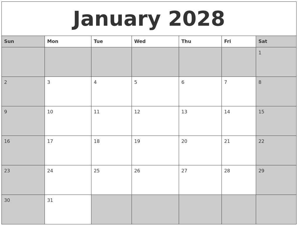 January 2028 Calanders
