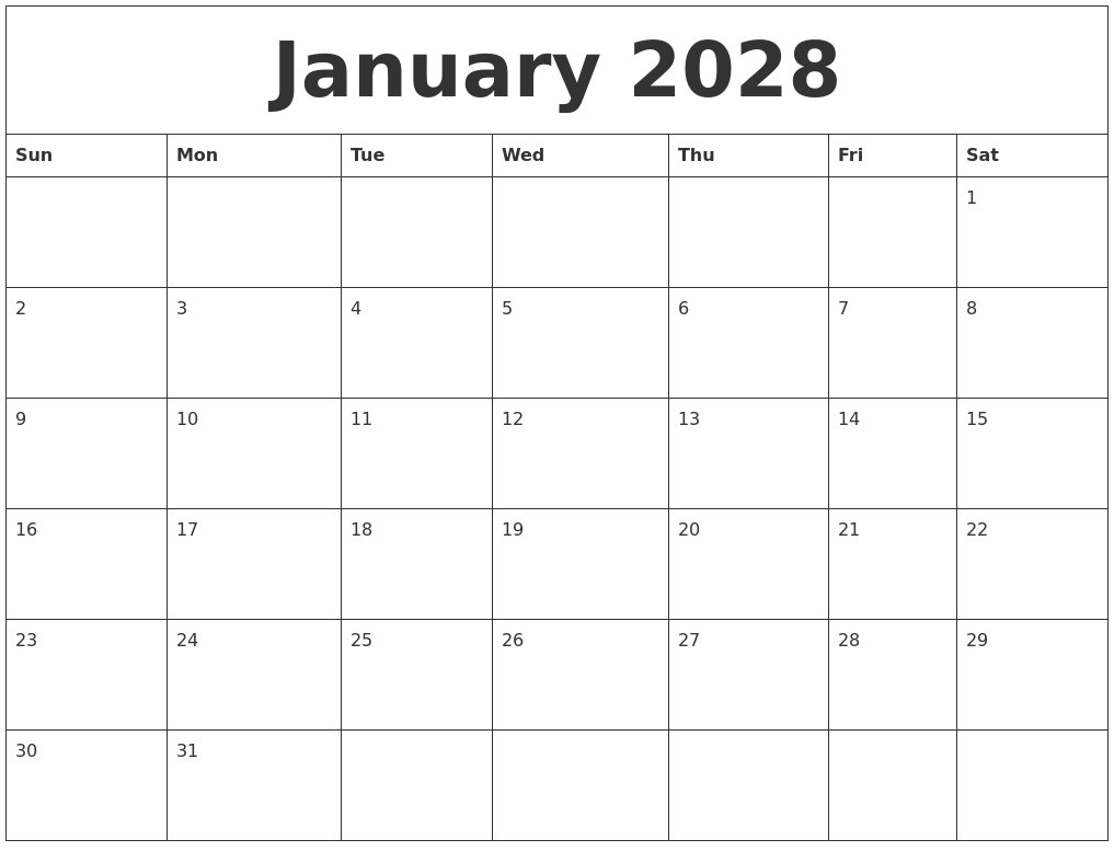 January 2028 Calendar Print Out