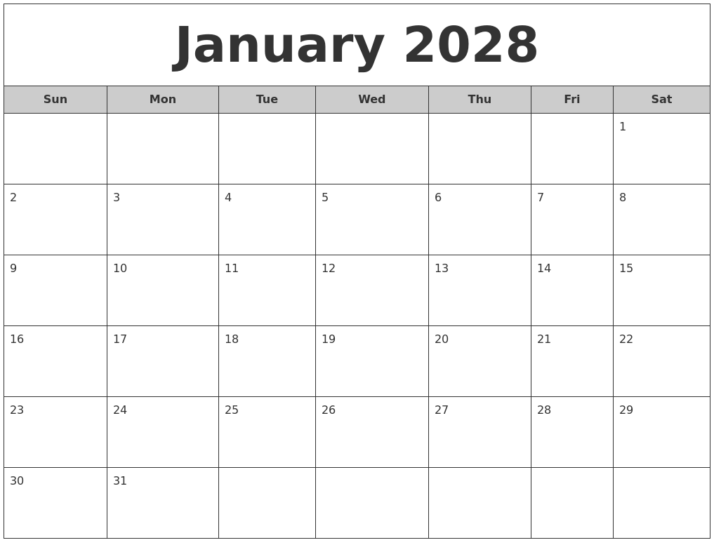 January 2028 Free Monthly Calendar
