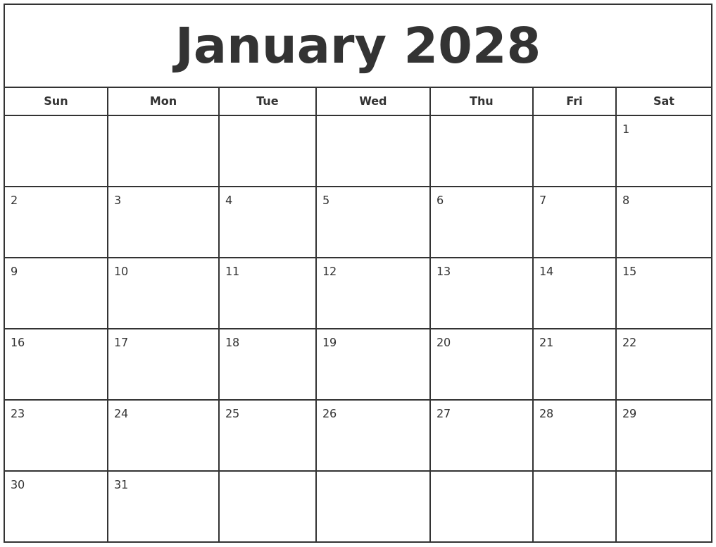 January 2028 Print Free Calendar