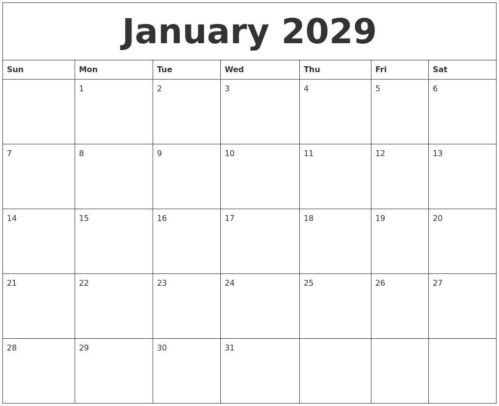 January 2029 Birthday Calendar Template