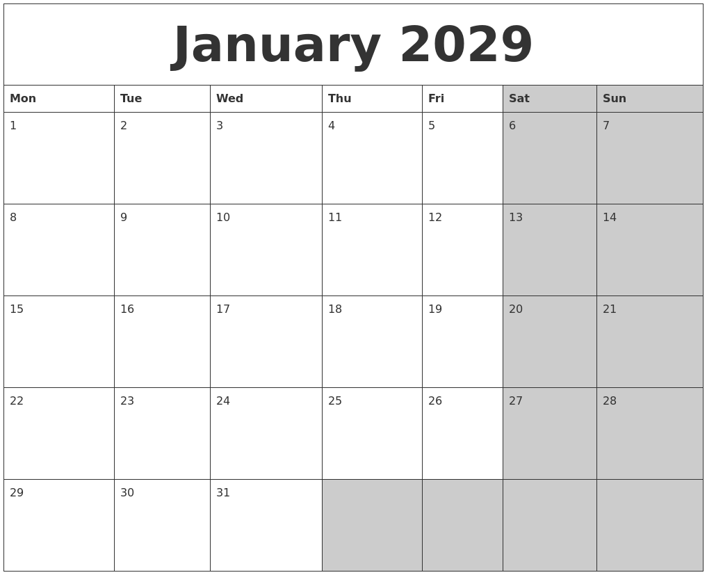 January 2029 Calanders