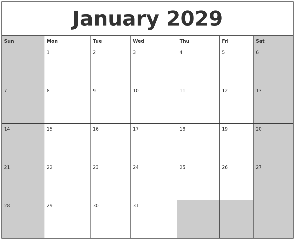 January 2029 Calanders