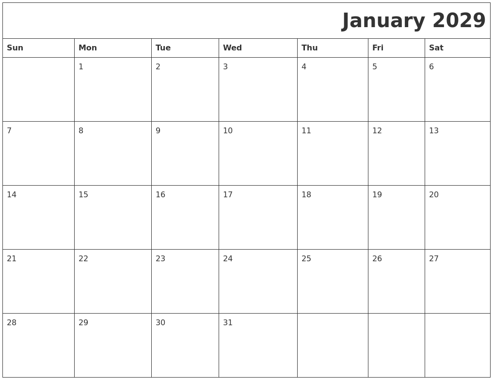 January 2029 Download Calendar