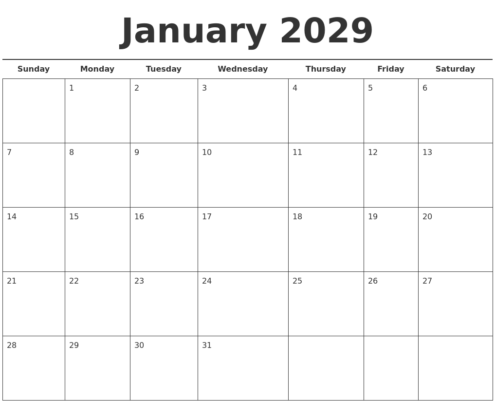 January 2029 Free Calendar Template