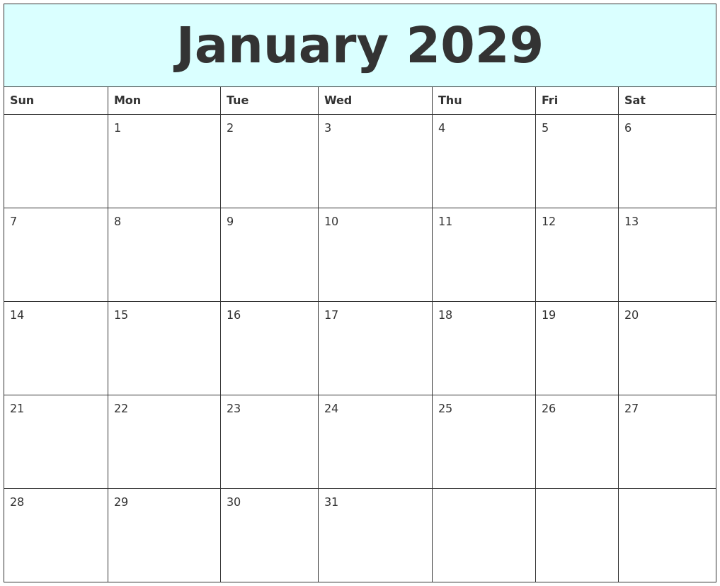 January 2029 Free Calendar