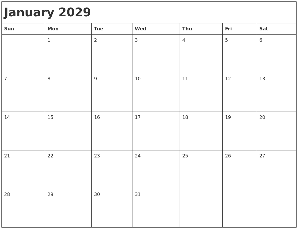January 2029 Month Calendar