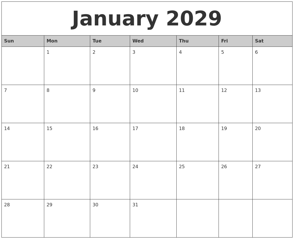January 2029 Monthly Calendar Printable