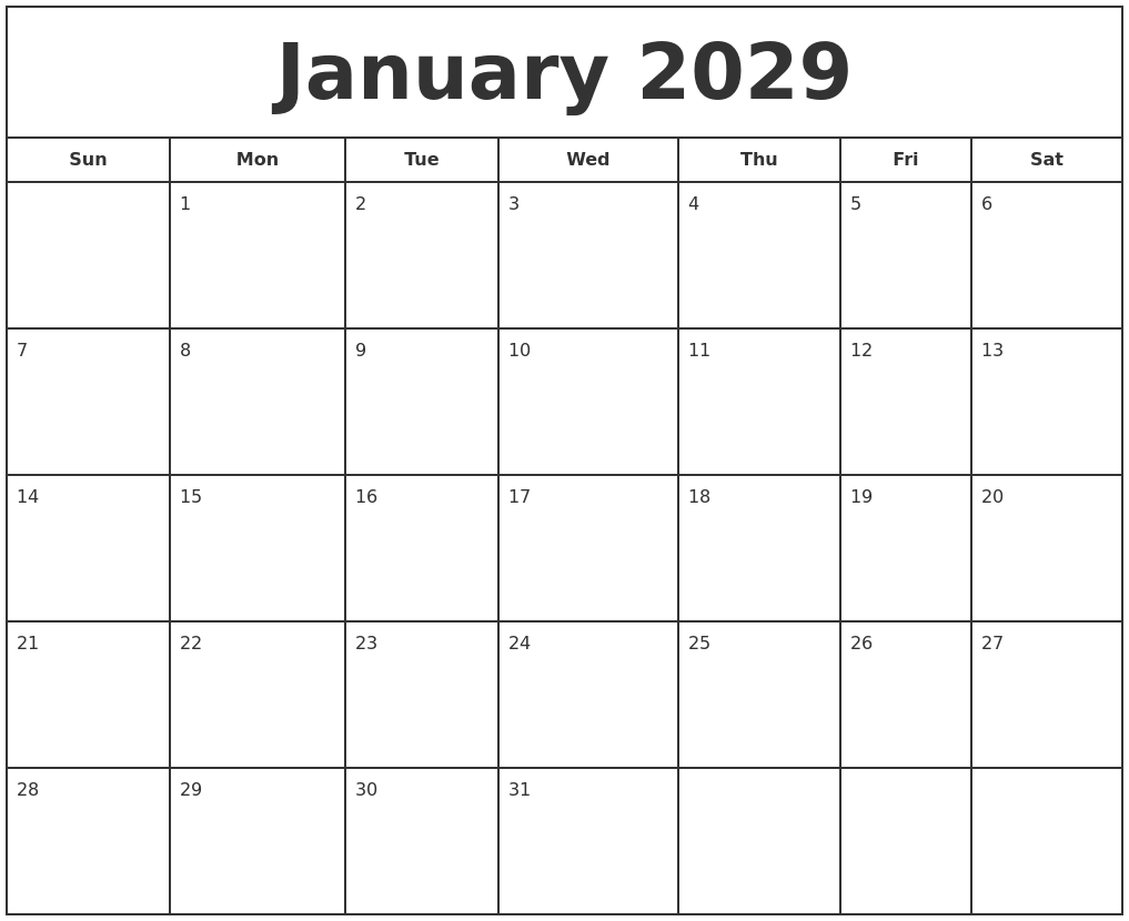 January 2029 Print Free Calendar