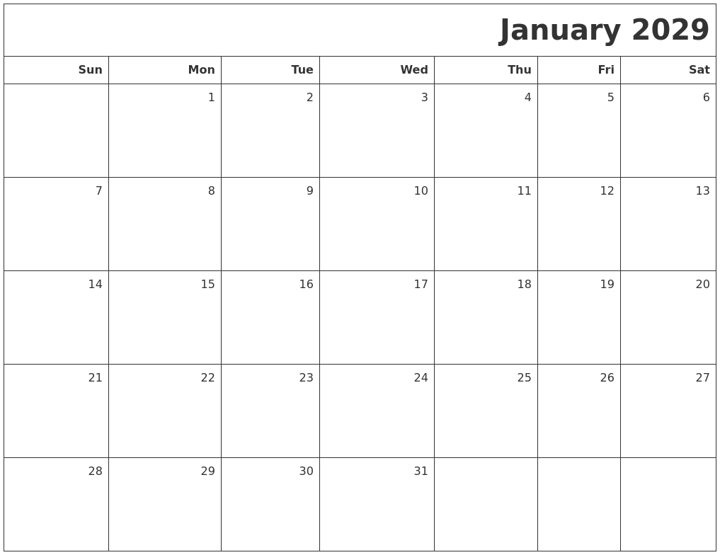 January 2029 Printable Blank Calendar