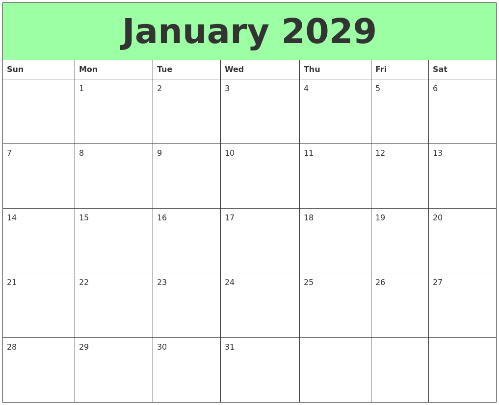 January 2029 Printable Calendars