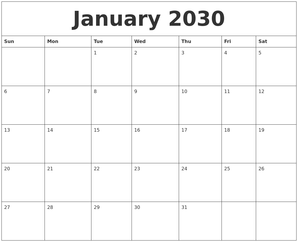 January 2030 Blank Monthly Calendar Template