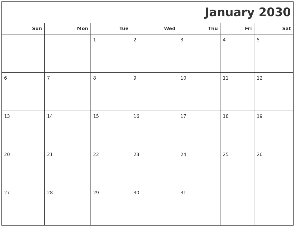 January 2030 Calendars To Print