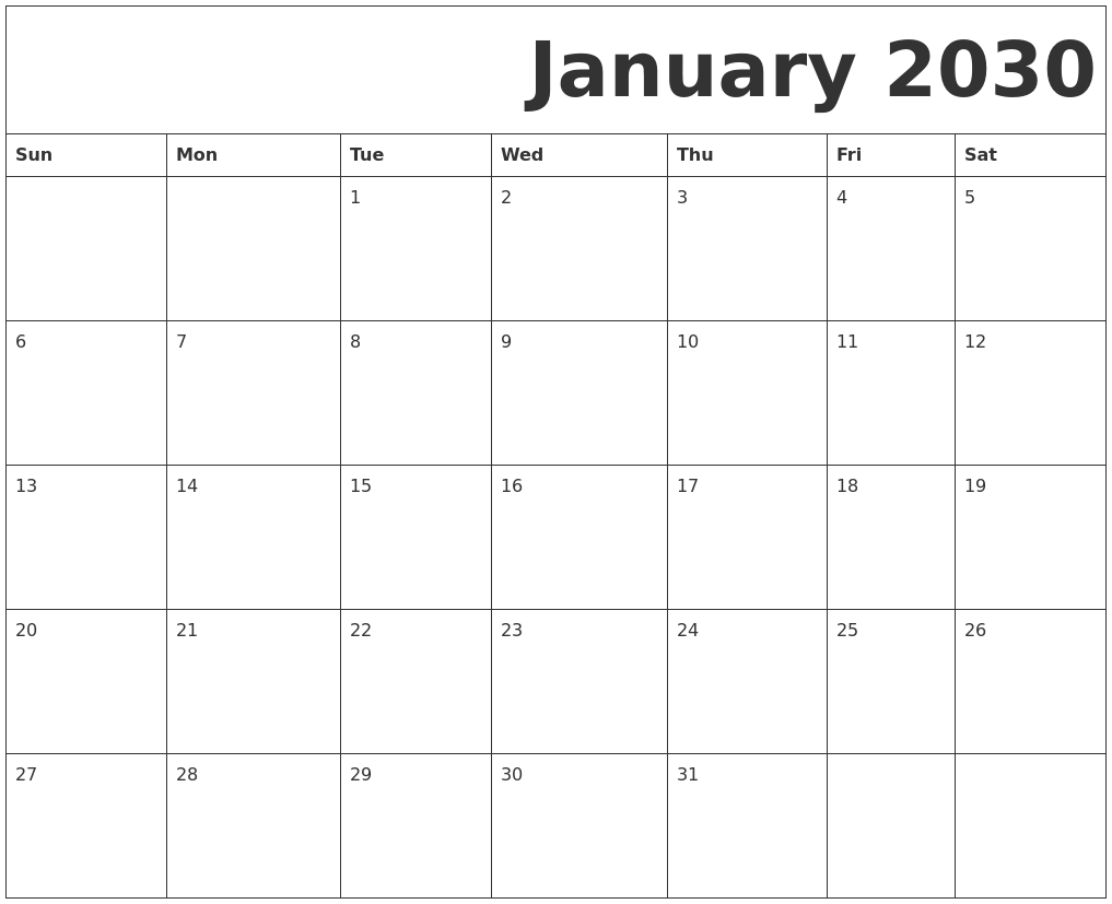 January 2030 Free Printable Calendar
