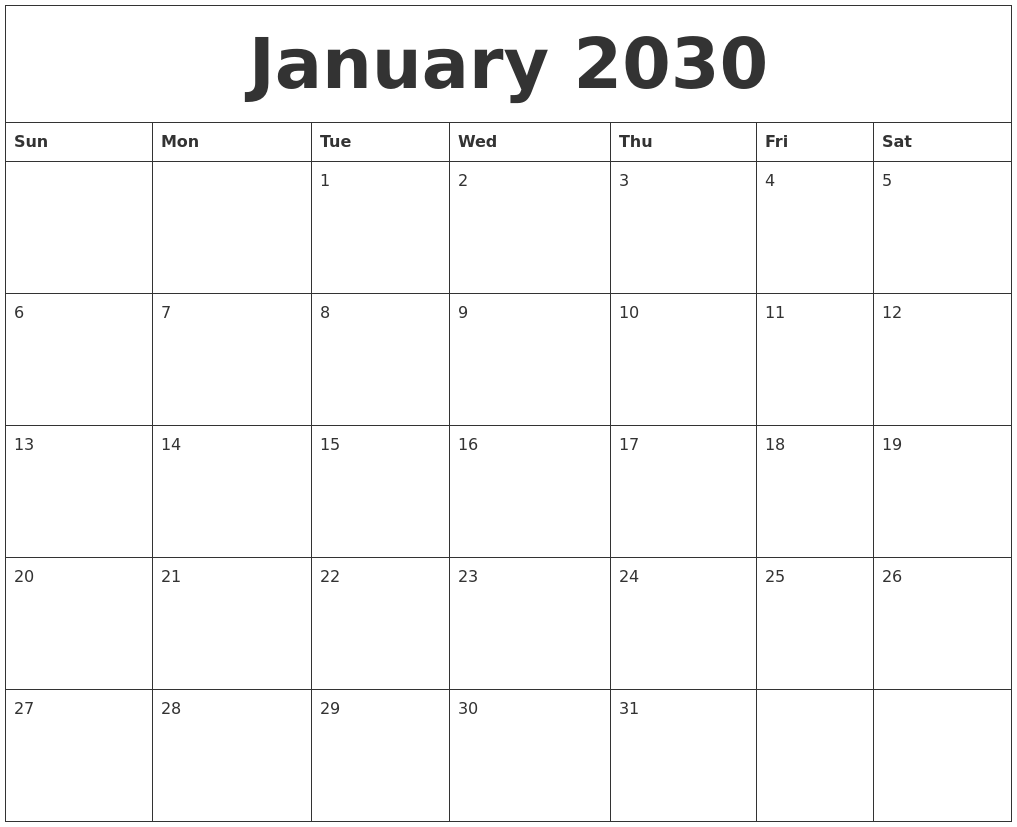 January 2030 Monthly Printable Calendar