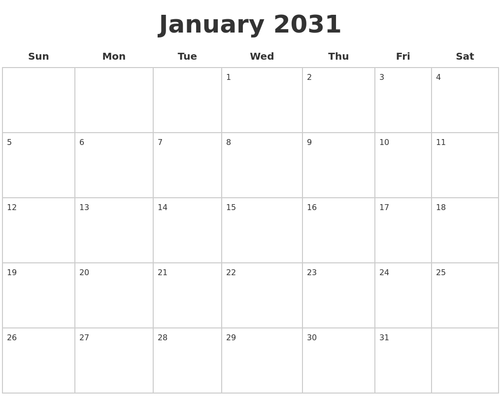 January 2031 Blank Calendar Pages