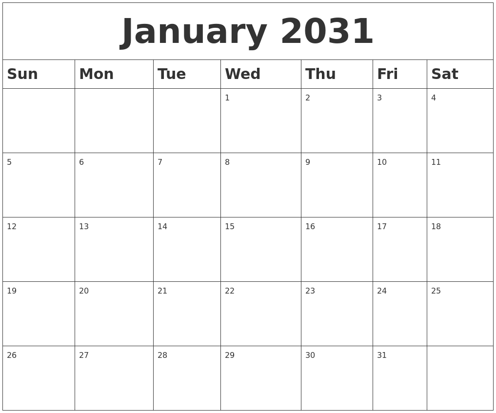 January 2031 Blank Calendar