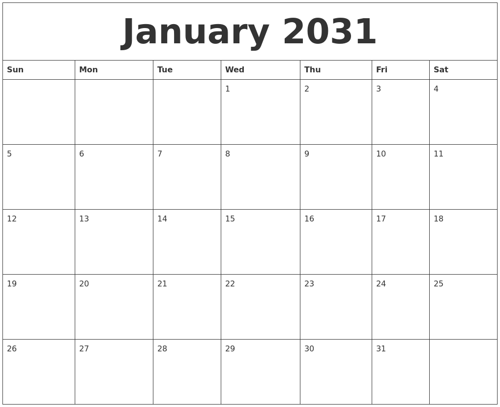 January 2031 Blank Monthly Calendar Pdf