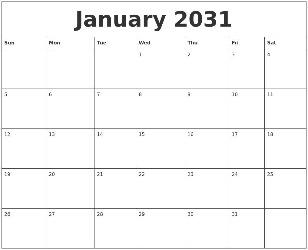 January 2031 Blank Monthly Calendar Template