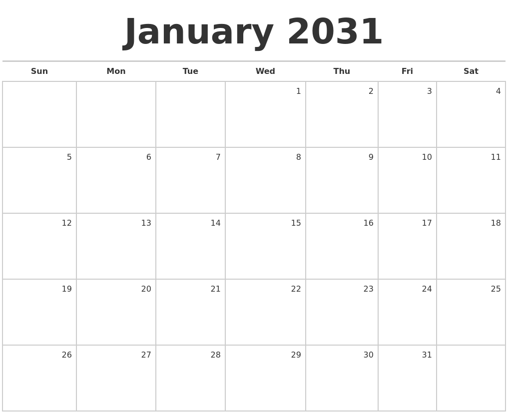 January 2031 Blank Monthly Calendar