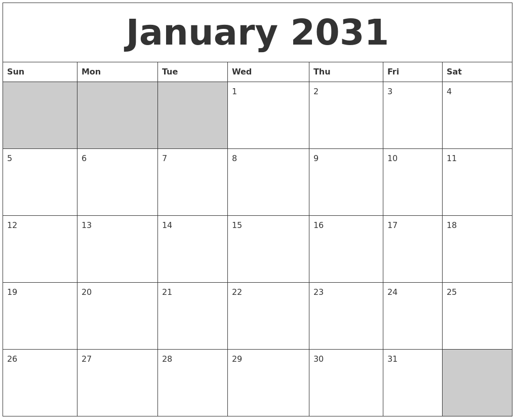 January 2031 Blank Printable Calendar