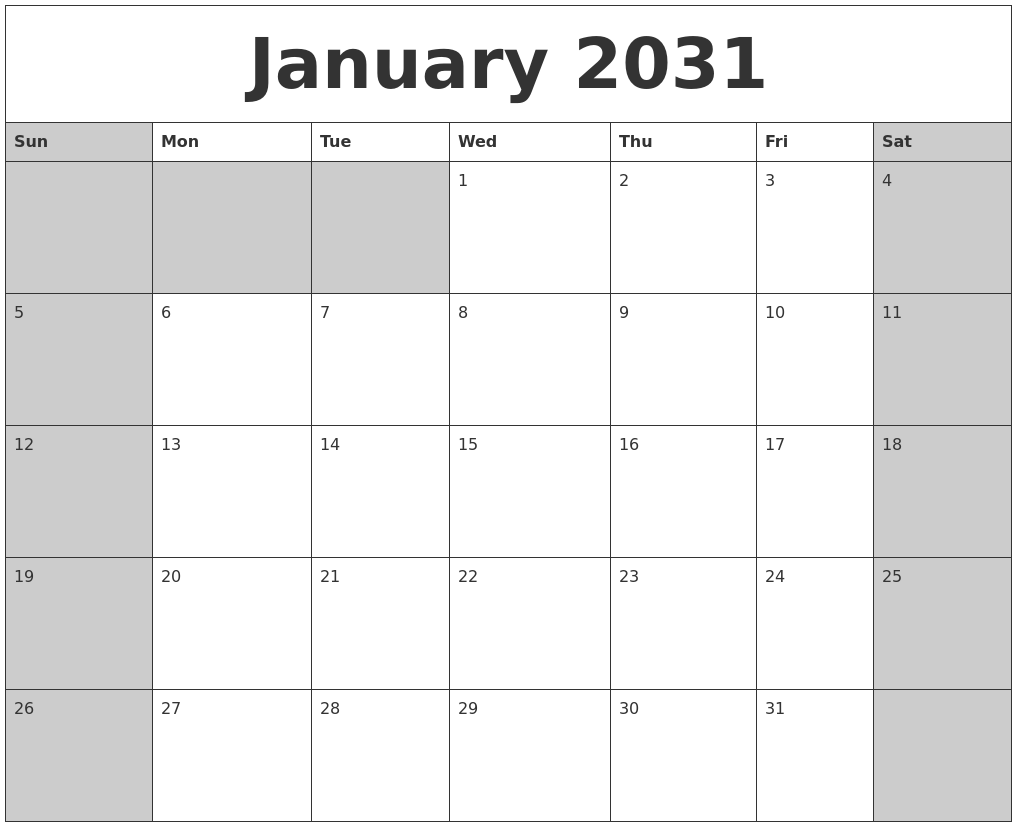 January 2031 Calanders