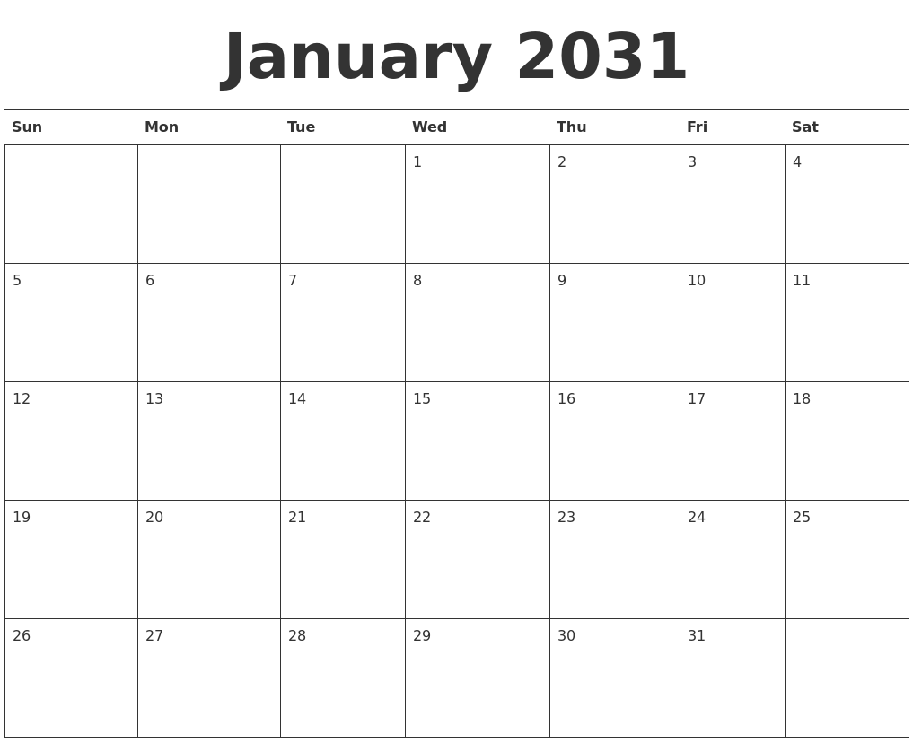 January 2031 Calendar Printable