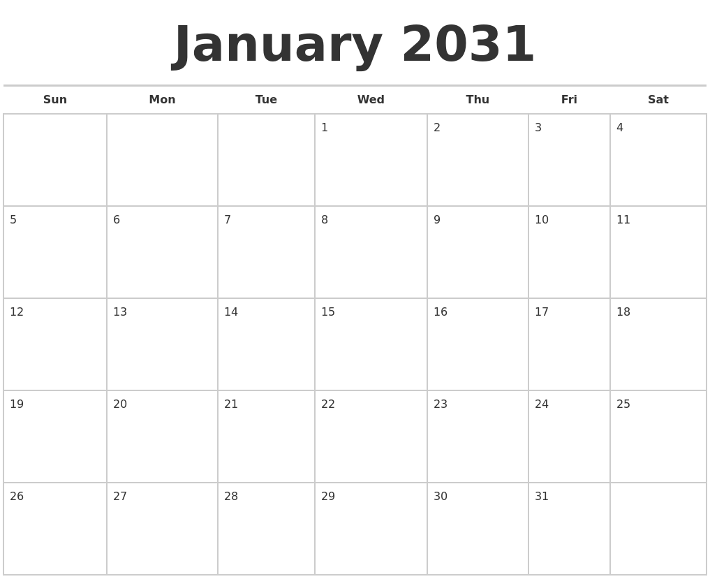 January 2031 Calendars Free