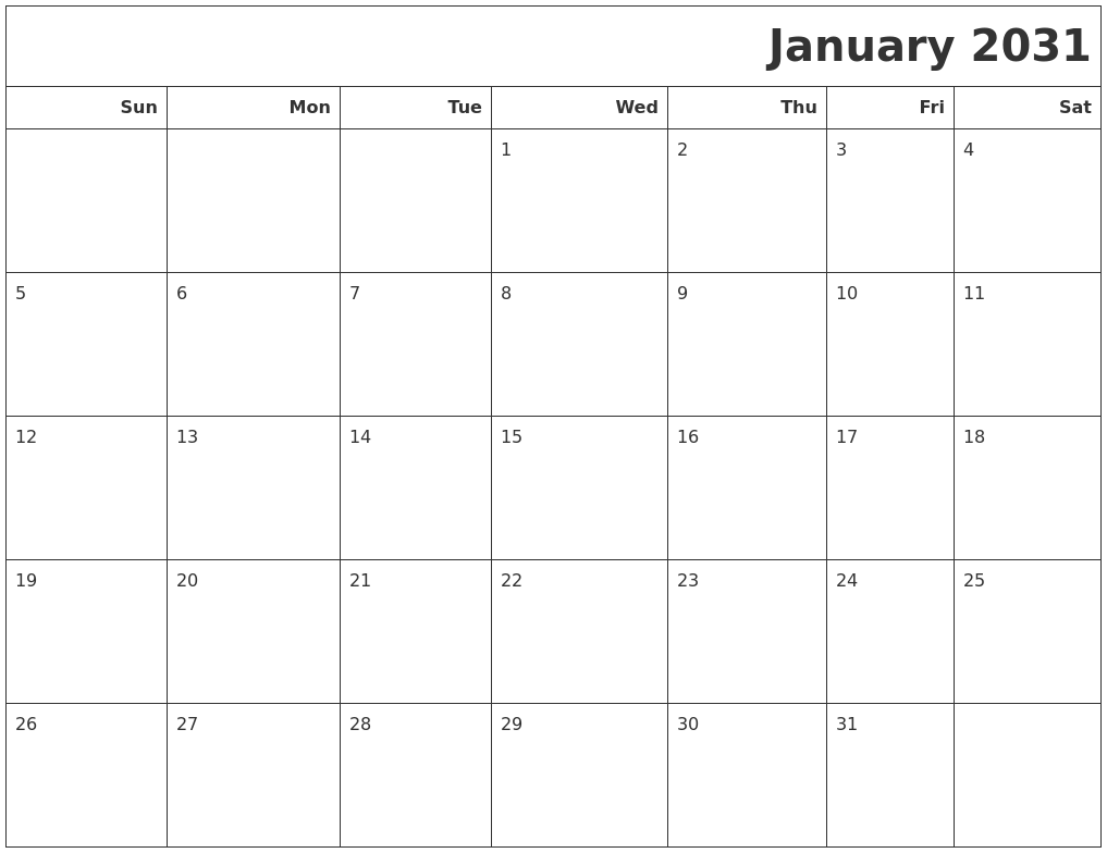 January 2031 Calendars To Print