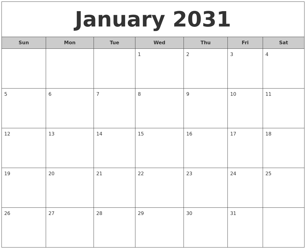 January 2031 Free Monthly Calendar