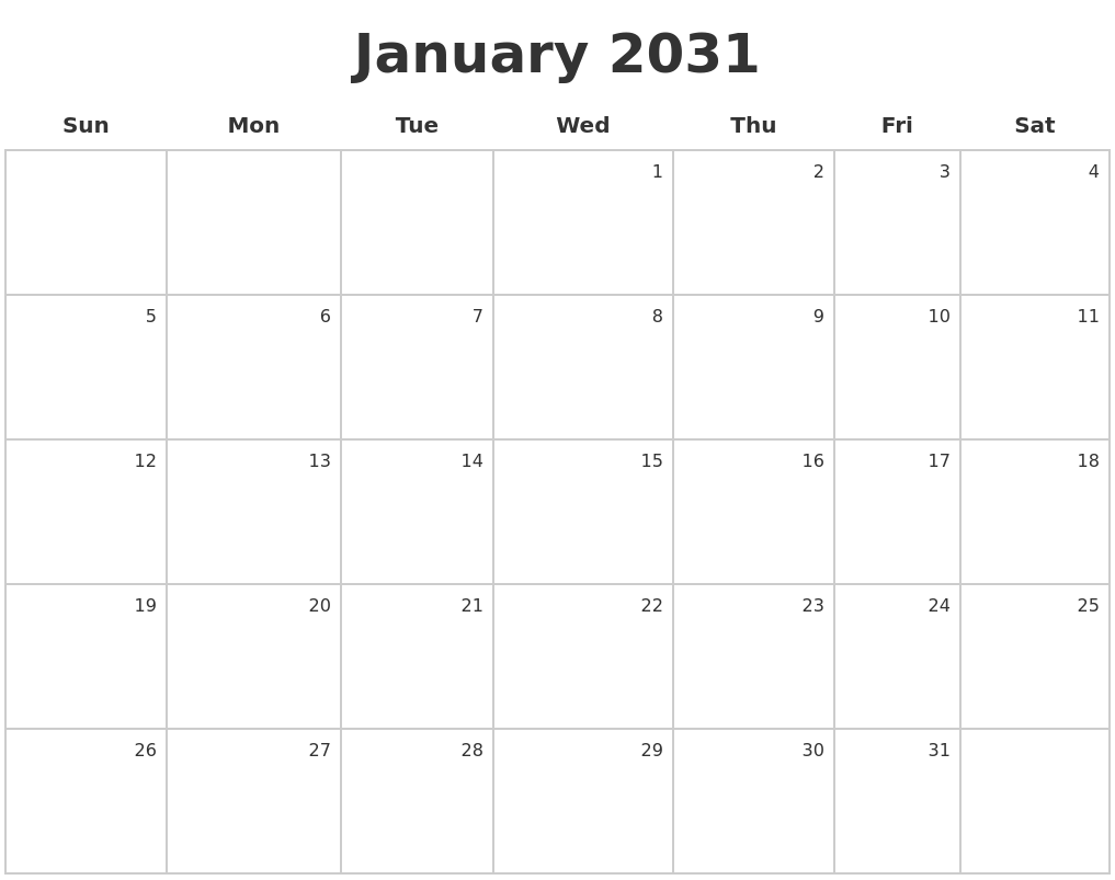 January 2031 Make A Calendar