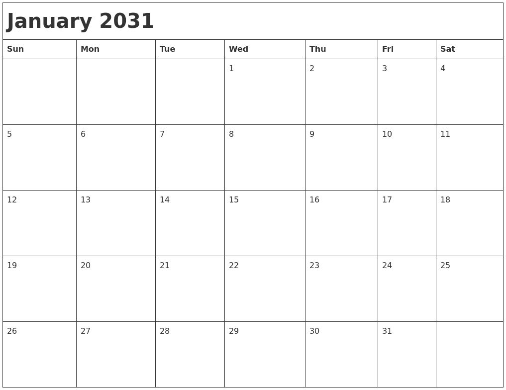 January 2031 Month Calendar