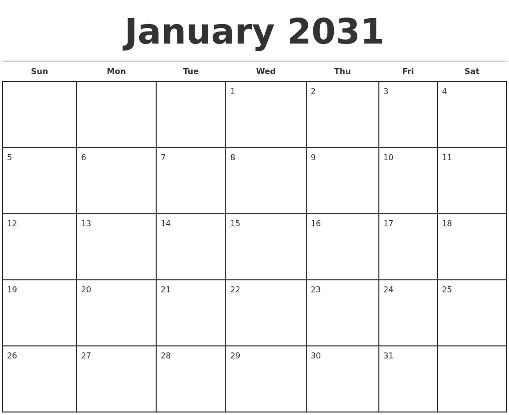January 2031 Monthly Calendar Template