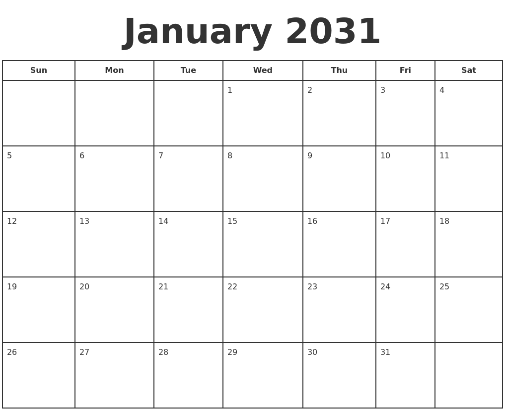 January 2031 Print A Calendar
