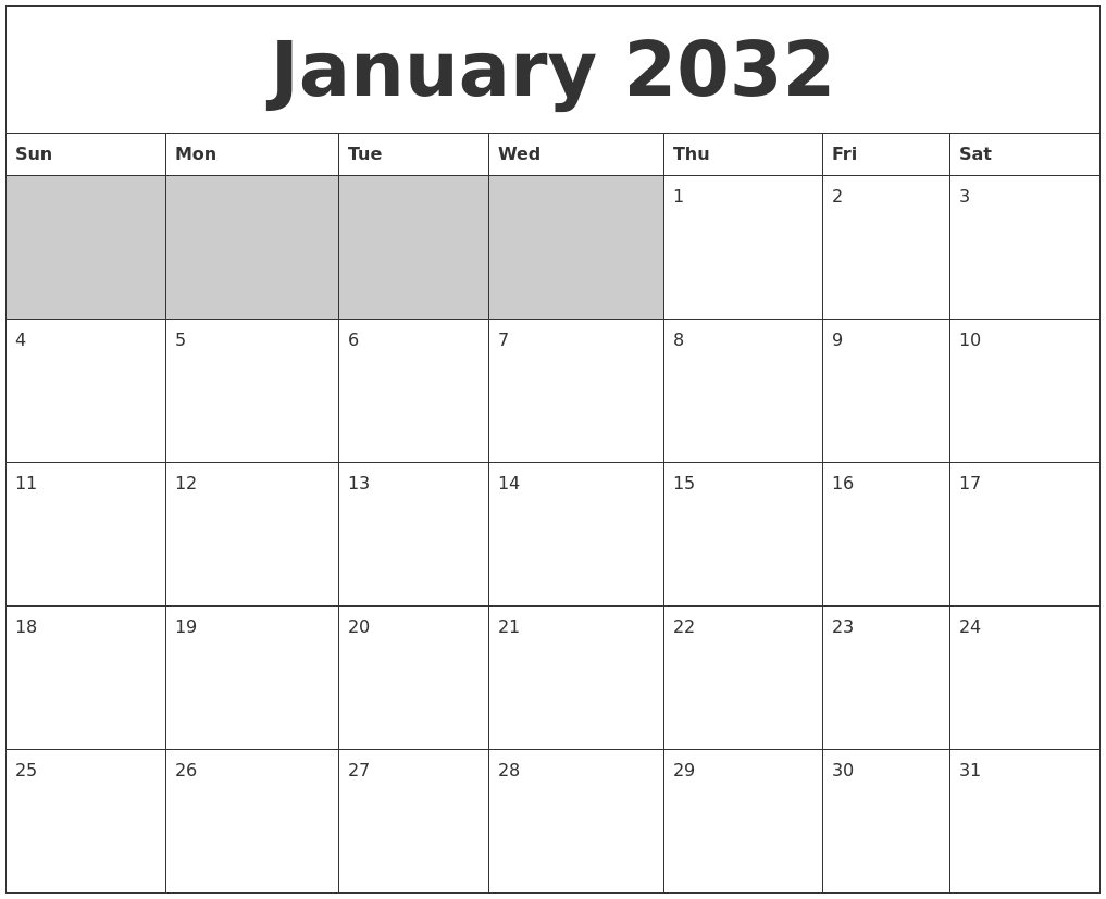 January 2032 Blank Printable Calendar