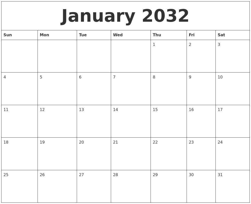 January 2032 Free Monthly Calendar Template