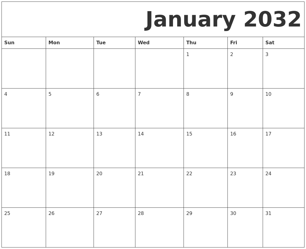 January 2032 Free Printable Calendar