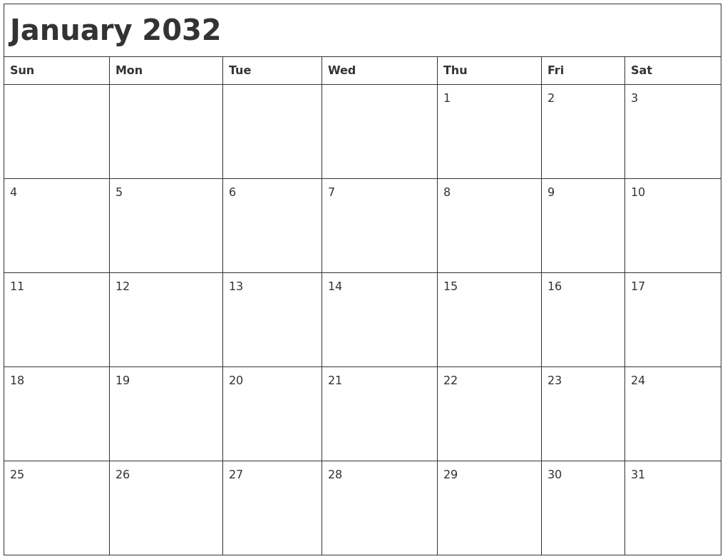 January 2032 Month Calendar