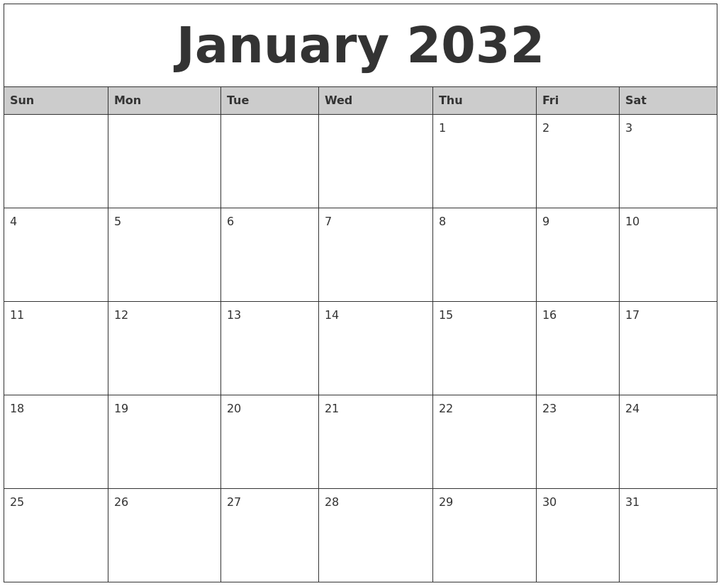 January 2032 Monthly Calendar Printable