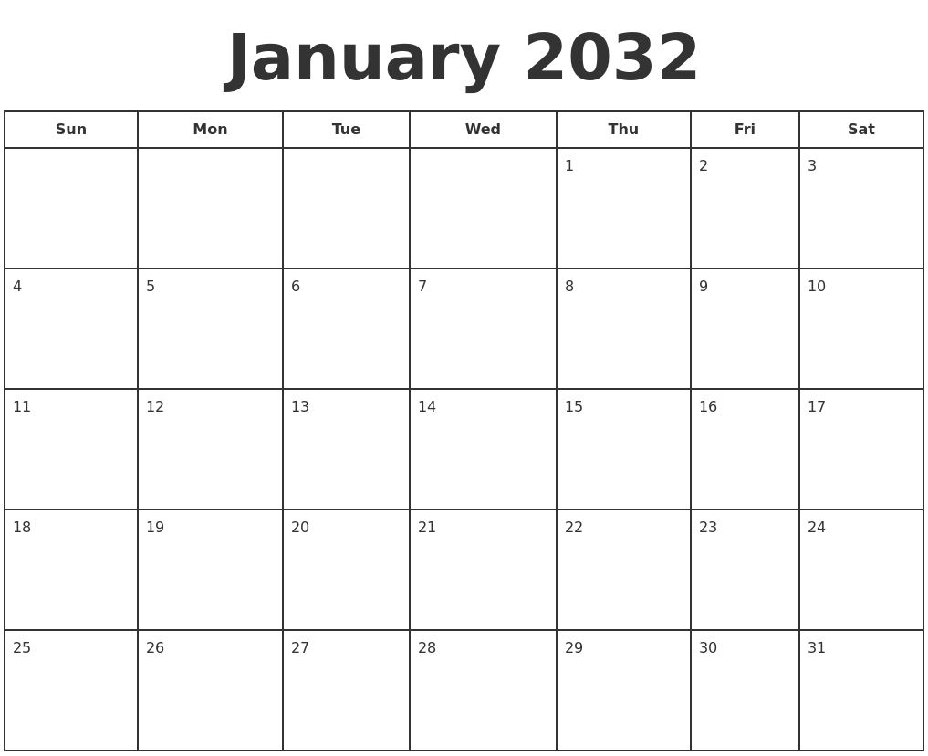 January 2032 Print A Calendar