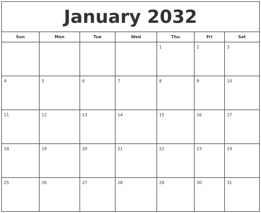 January 2032 Print Free Calendar