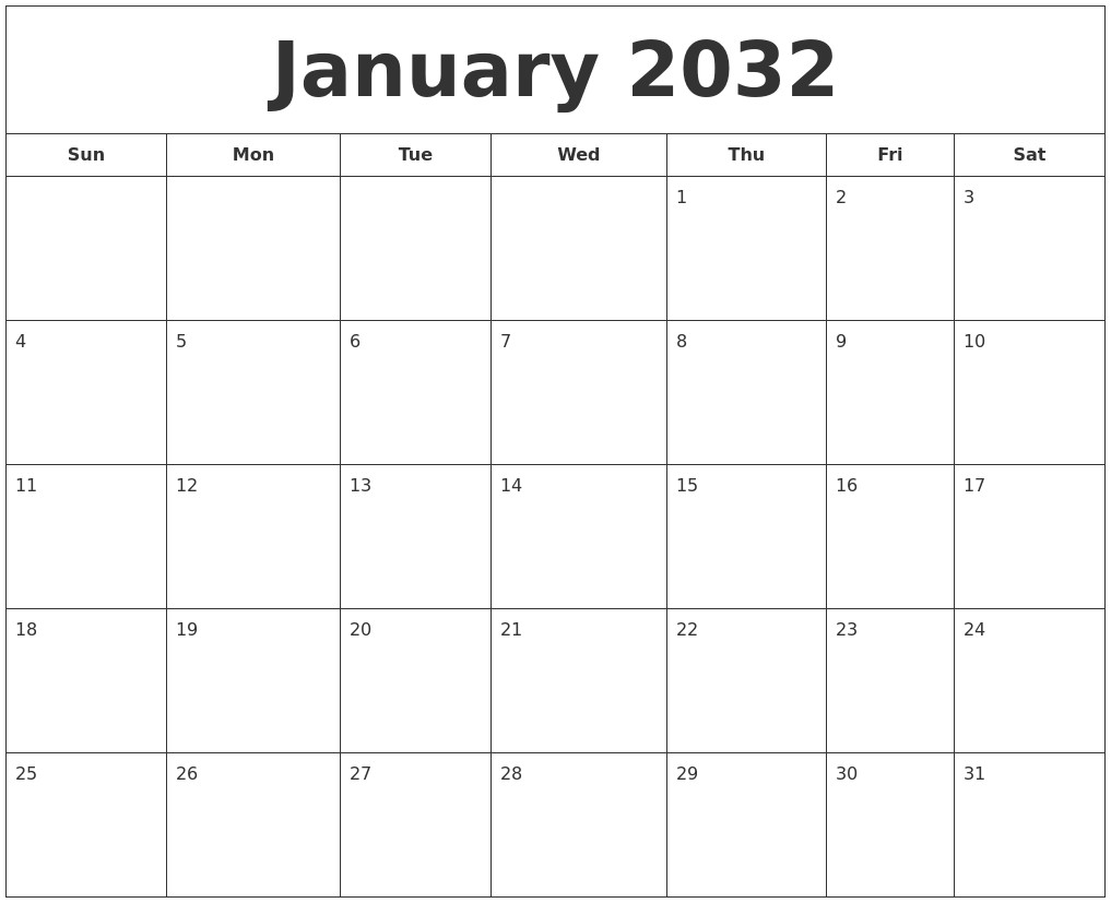 January 2032 Printable Calendar