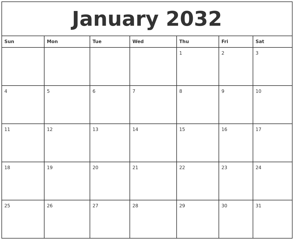 January 2032 Printable Monthly Calendar