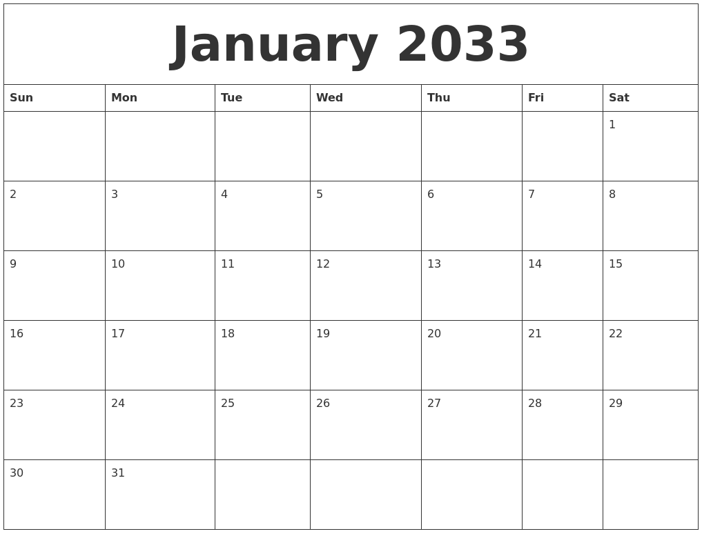 January 2033 Birthday Calendar Template