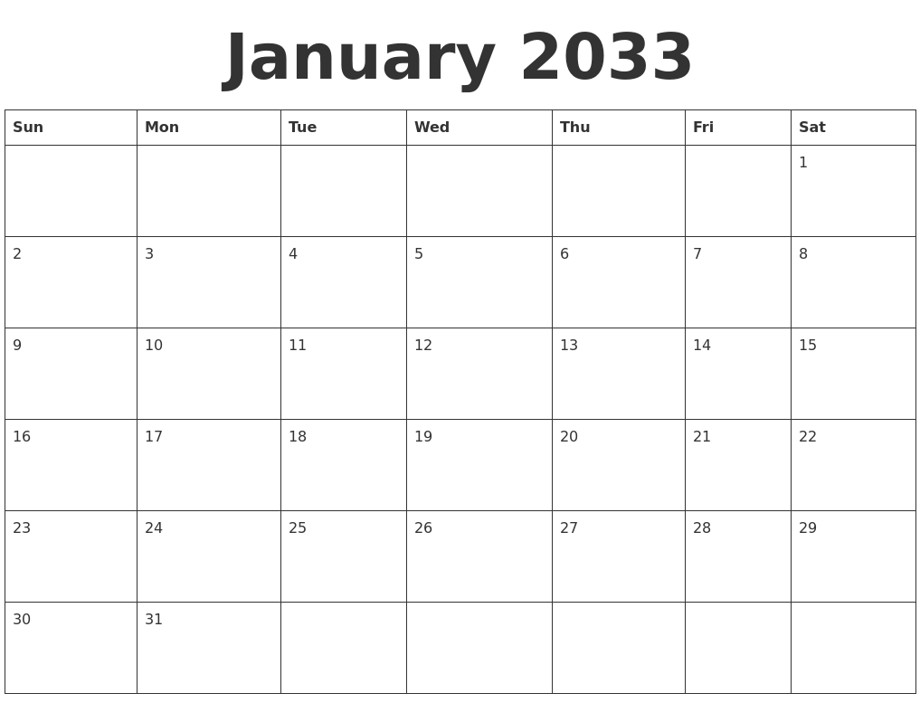 January 2033 Blank Calendar Template