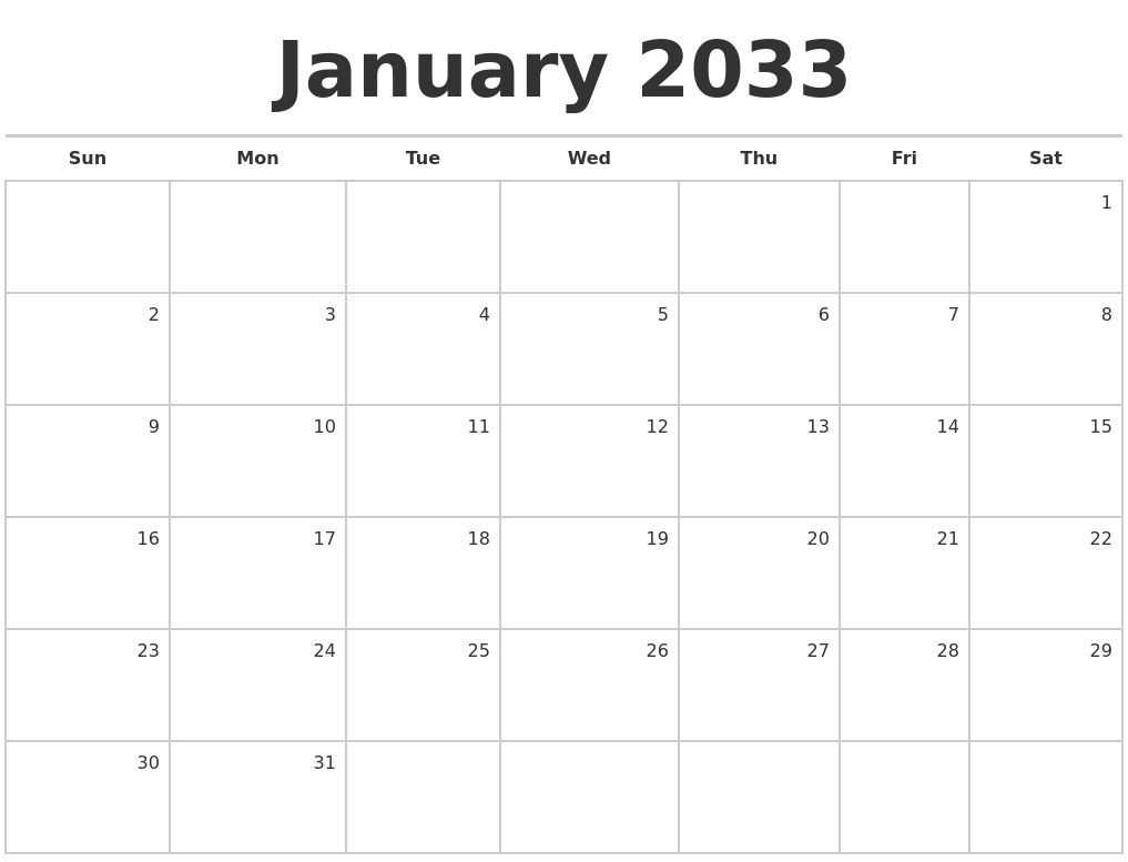 January 2033 Blank Monthly Calendar